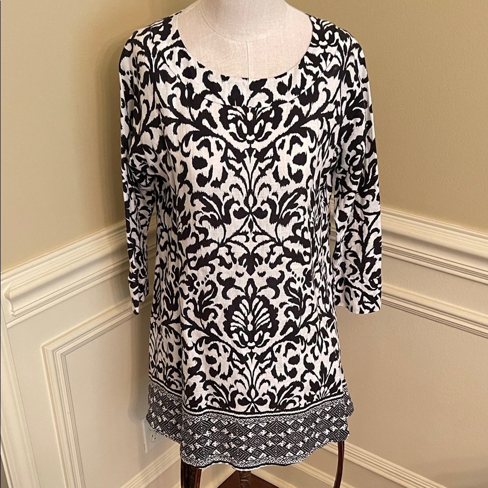 Tyler Boe Black & White Patterned Tunic Top or Short Dress 100% Linen